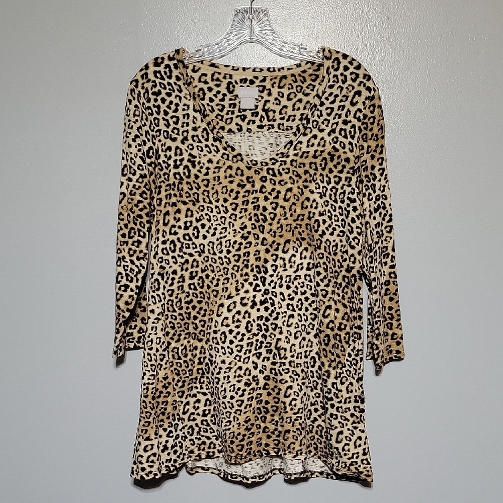 Chico's Women's Animal Print 3/4 Sleeve V-neck Tunic Top Sz 2 Large Leopard